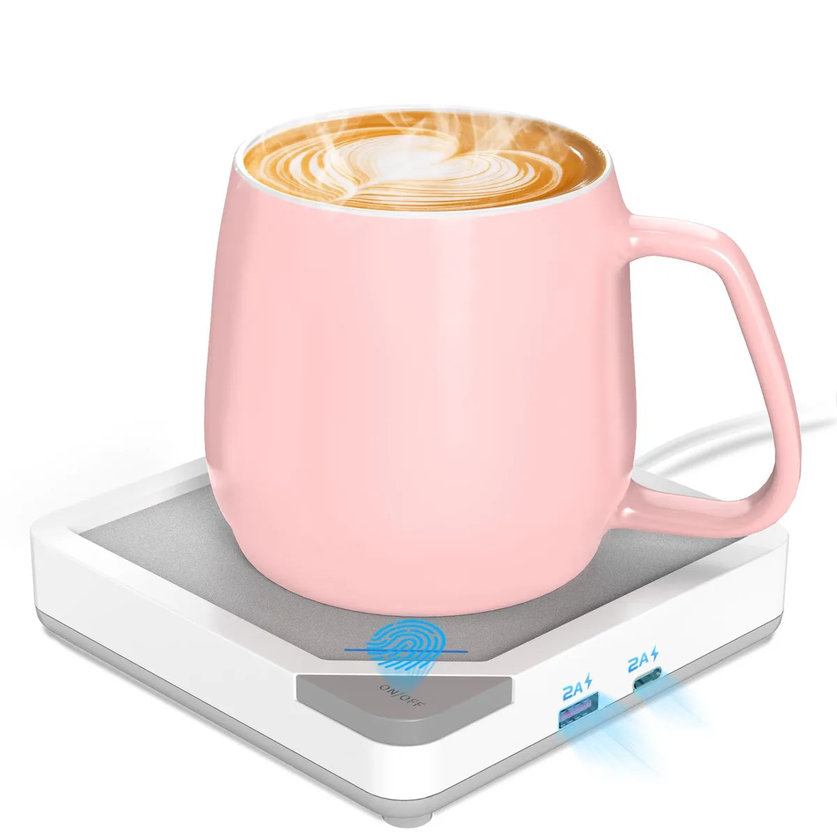 White warming plate with USB and Type-C ports, 67-inch cord, and 14 oz pink ceramic mug