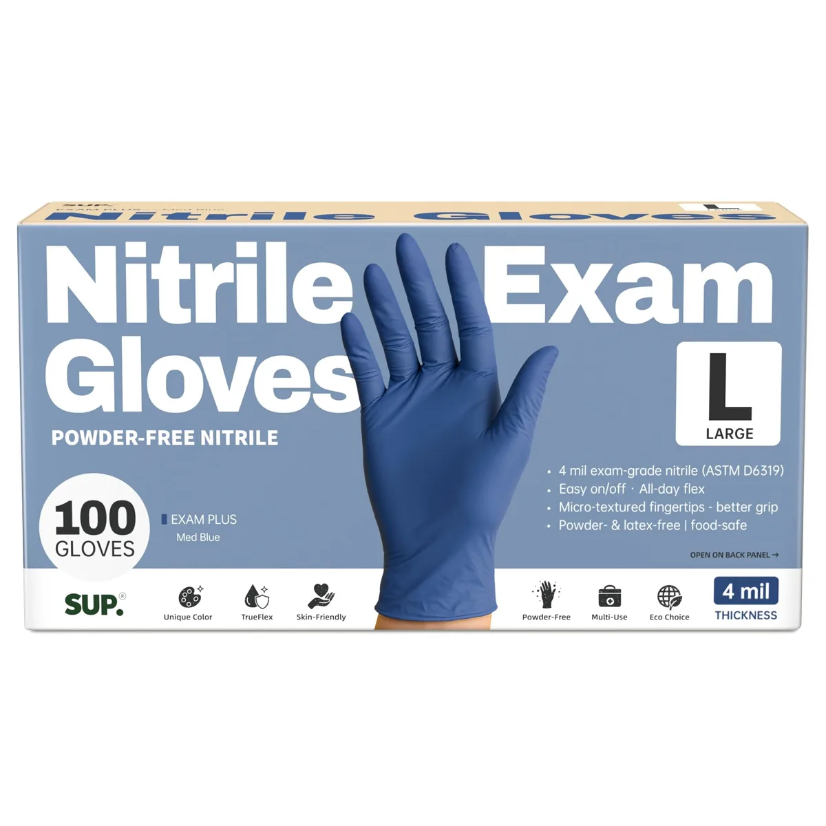  SUP Exam+ Nitrile Gloves Blue Large 100 Count — product photo