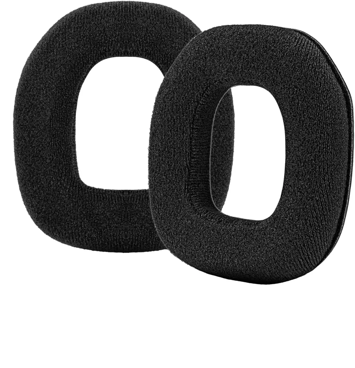 Pair of black velour ear pads with adhesive backing shown flat