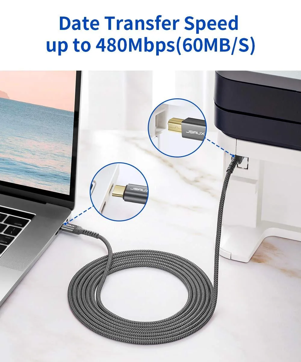 Grey nylon-braided USB-C to USB-B printer cable, 10 ft, male-to-male connectors