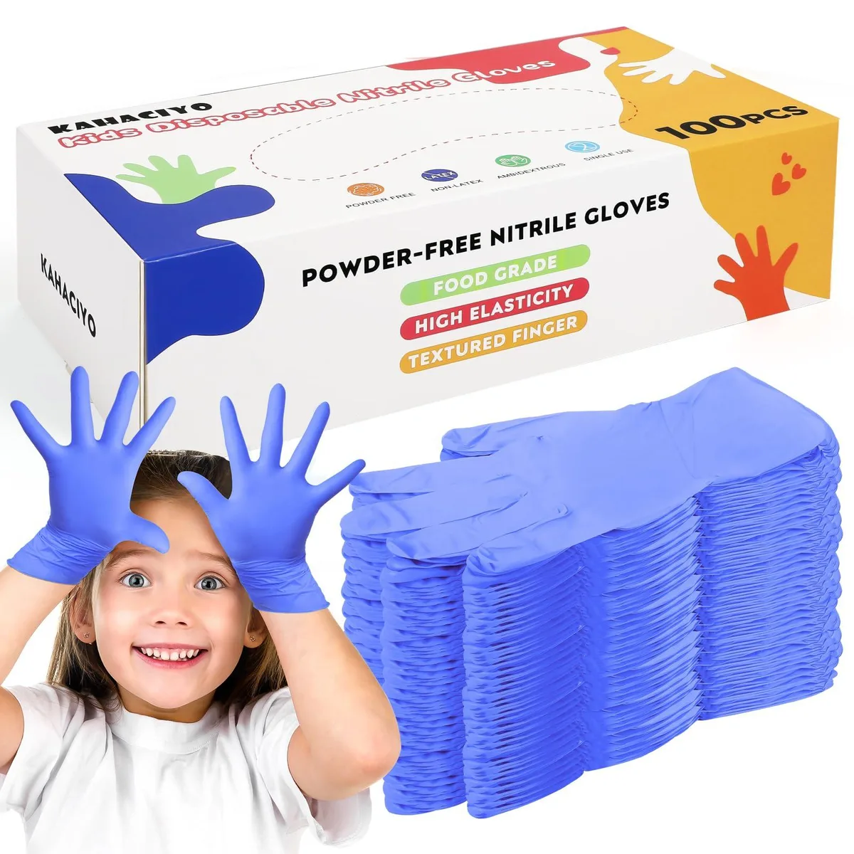 A box of one hundred grey disposable nitrile gloves for children aged four to ten