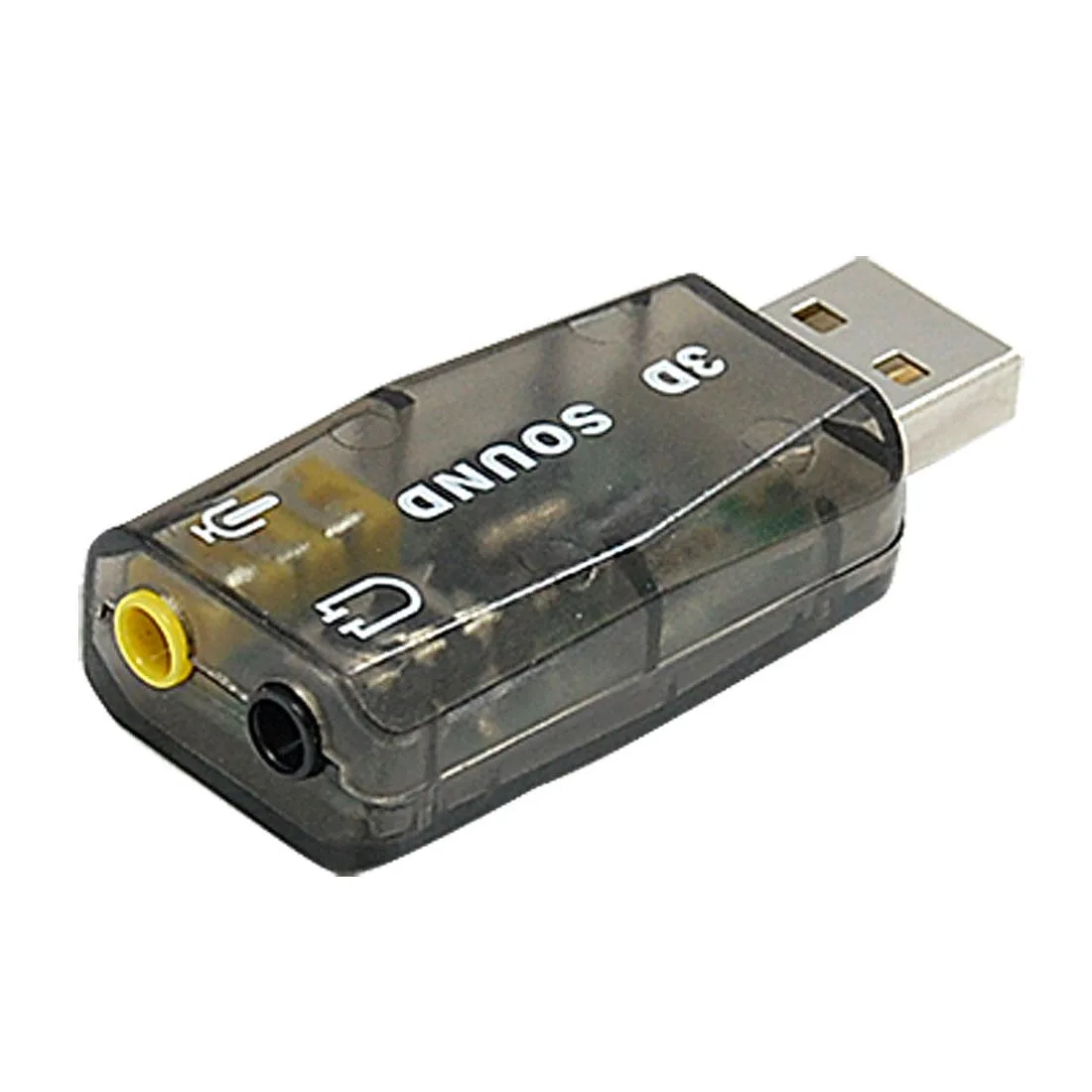 Small black USB audio adapter with 3.5 mm jacks, 5 x 2.2 x 1.2 cm, 21 g