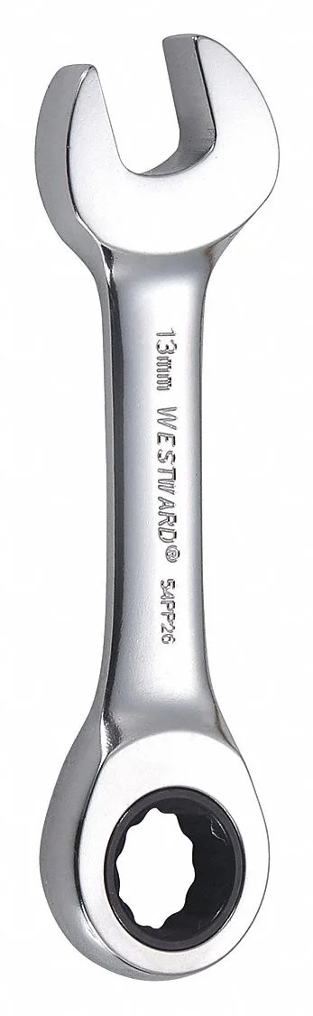 Chrome-finished 13 mm stubby combination wrench with offset ratcheting head