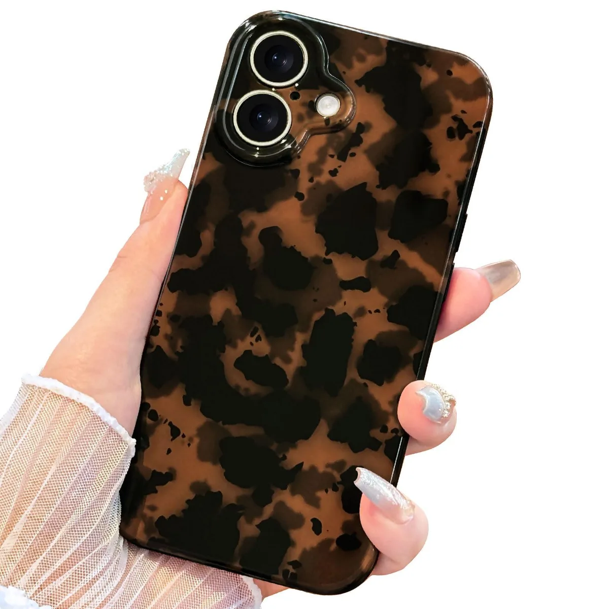Soft TPU iPhone 16 Plus case in tortoise shell amber leopard print with raised camera lip