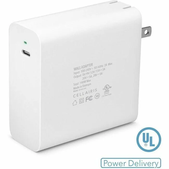 Compact white GaN wall charger with attached six-foot cable