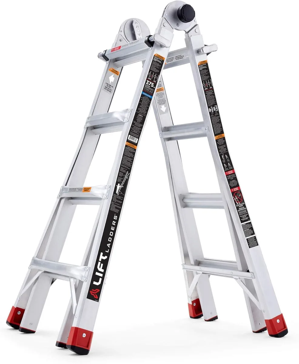 Silver 18-foot aluminum multi-position ladder folded to 54.7 by 8.5 by 23.8 inches