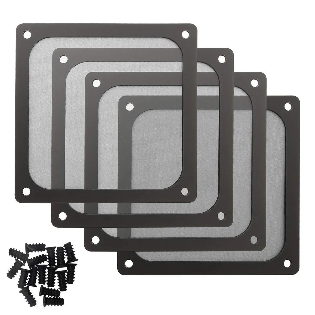 Four black square 120mm nylon mesh filters with magnetic frames and screws