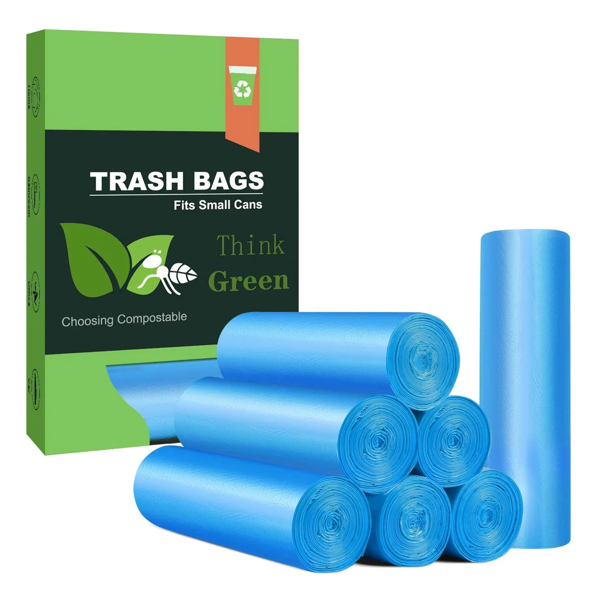 Blue compostable trash bags in box dispenser pack of 100