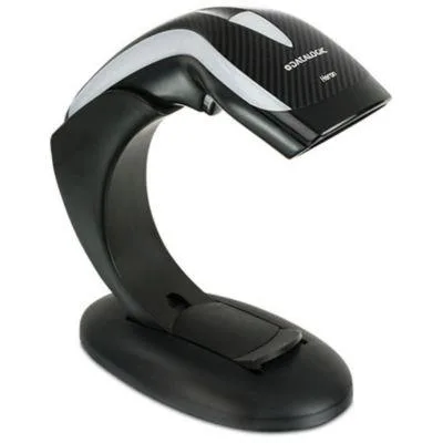 Black handheld 2D barcode scanner with curved carbon-fiber finish and included stand