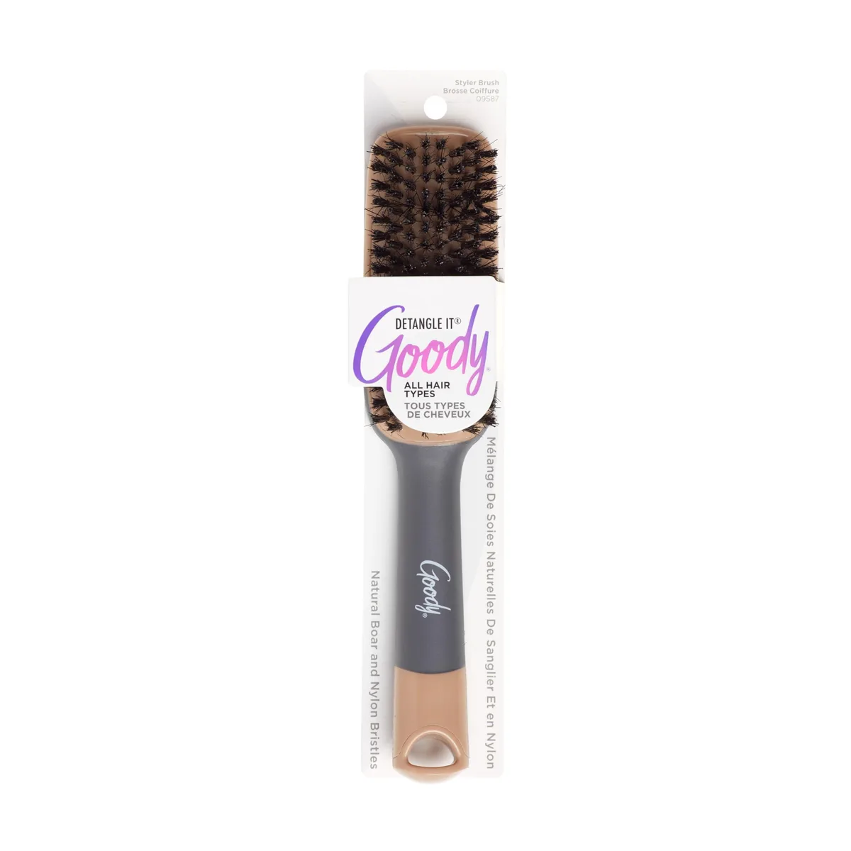 Brown and grey boar bristle hair brush with mixed natural and synthetic bristles