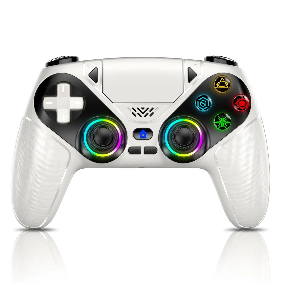 White wireless gamepad with textured grips, speaker grille and 3.5mm jack