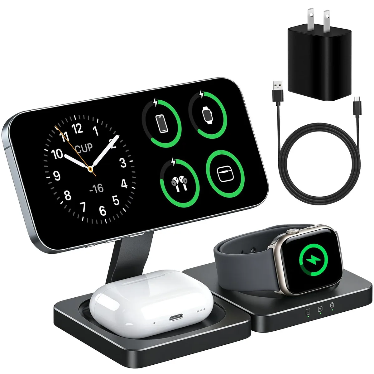 Compact square foldable charger in white with magnetic phone pad, watch puck and earbuds base, includes 20W adapter