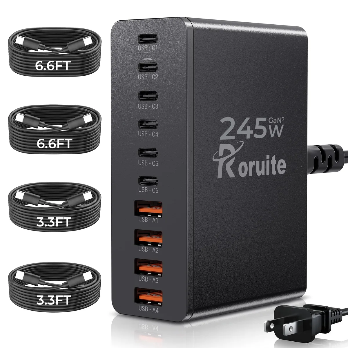 White rectangular 10-port USB-C charging station with four attached cables