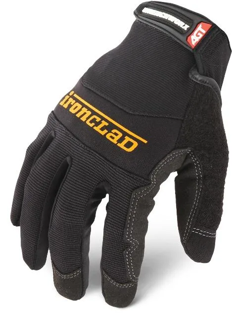 Black mechanics glove with gel-padded palm and hook-and-loop cuff