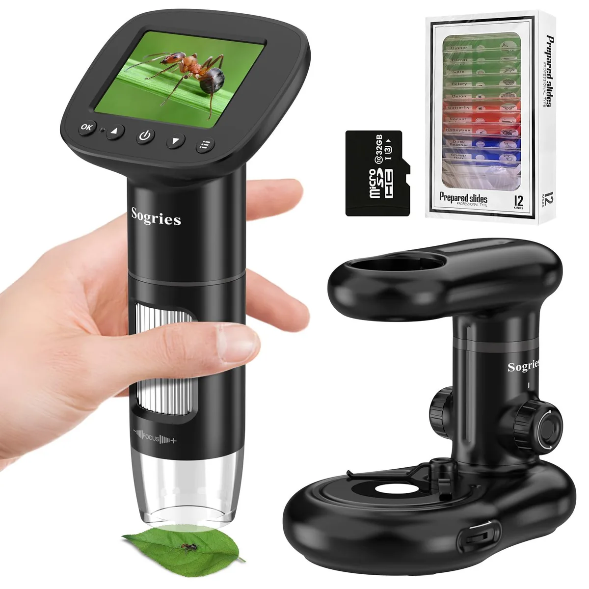  1000x Handheld Digital Microscope 2" LCD 8 LED 32GB SD 12 Specimens Laboratory Supply — product photo