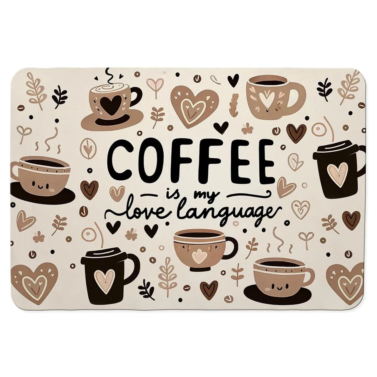 Rectangular coffee mat with patterned fabric surface and rubber backing