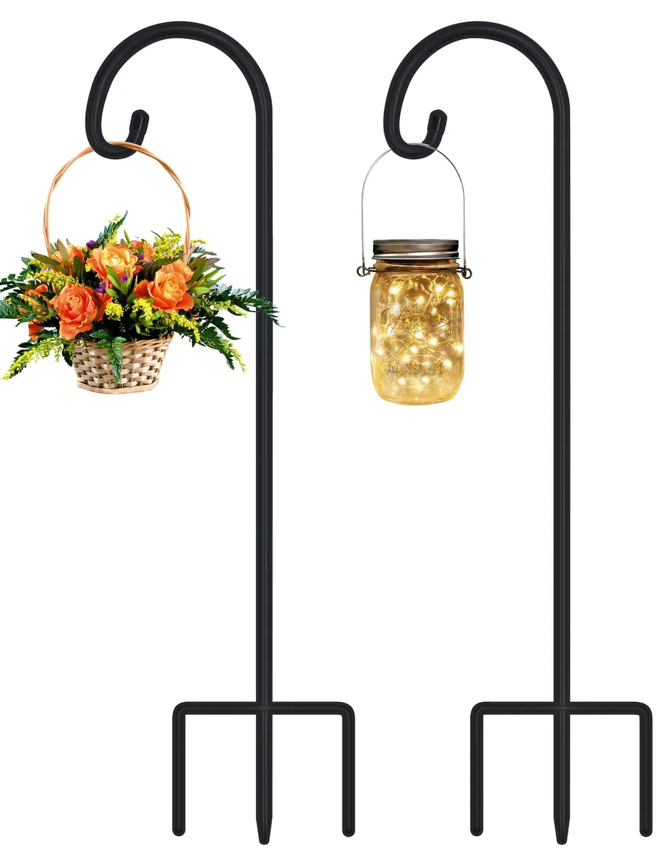 Two matte black steel shepherd hooks with curved tops and three-prong bases, adjustable from 21 to 32 inches