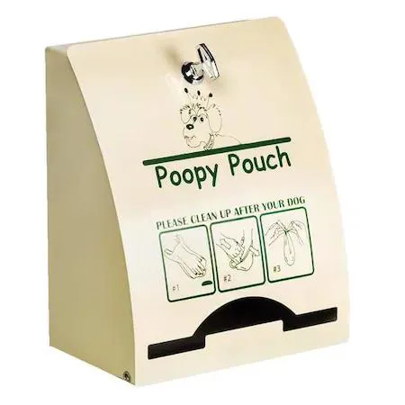 Tan powder-coated steel pet waste bag dispenser, rectangular with rounded edges