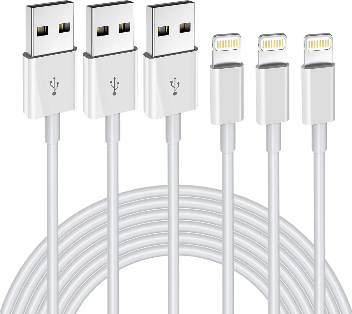 Three white Lightning cables coiled side by side