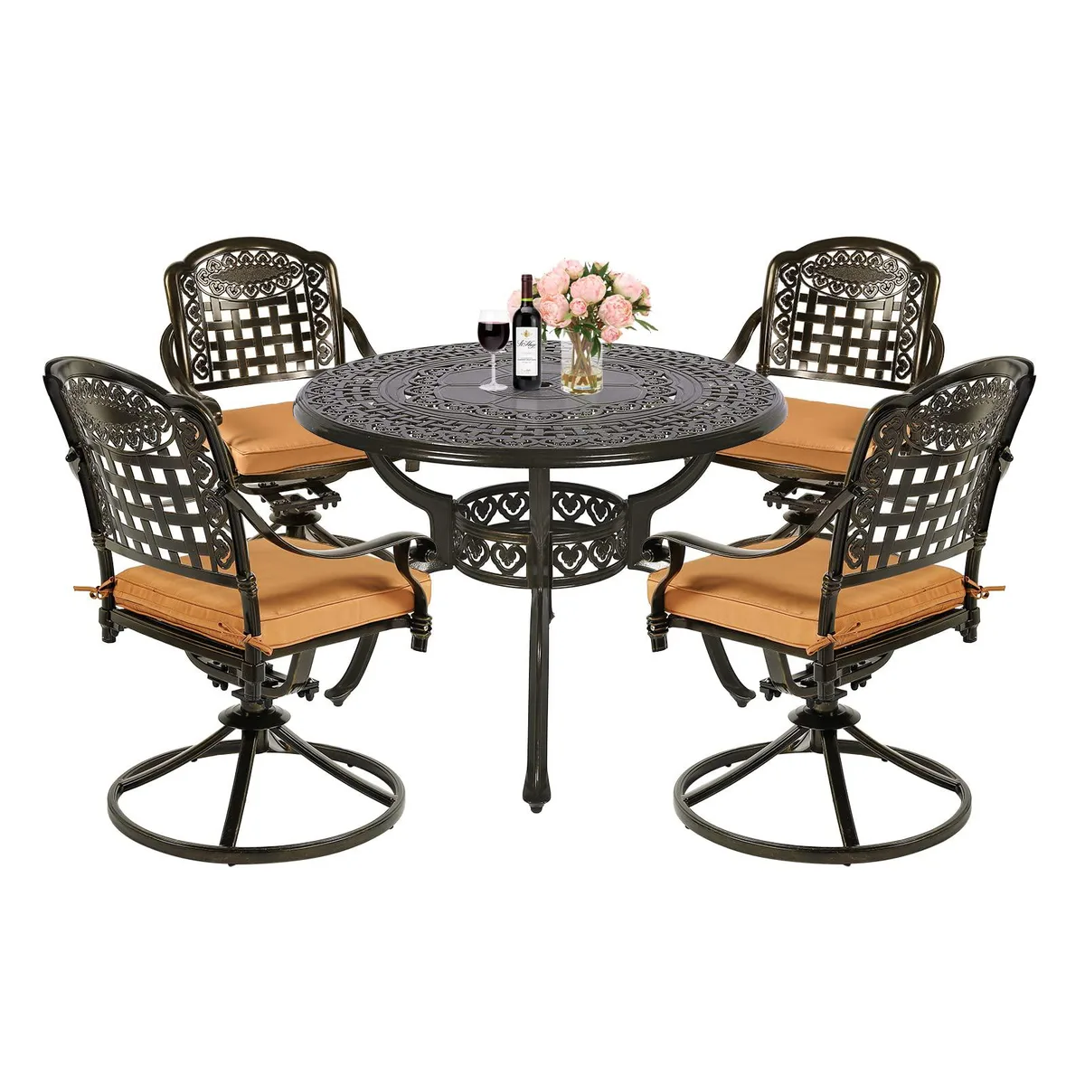 MEETWARM MEETWARM 5-Piece Patio Dining Set 38.5" Table 4 Swivel Rocker Chairs 2.2" Umbrella Hole — product photo