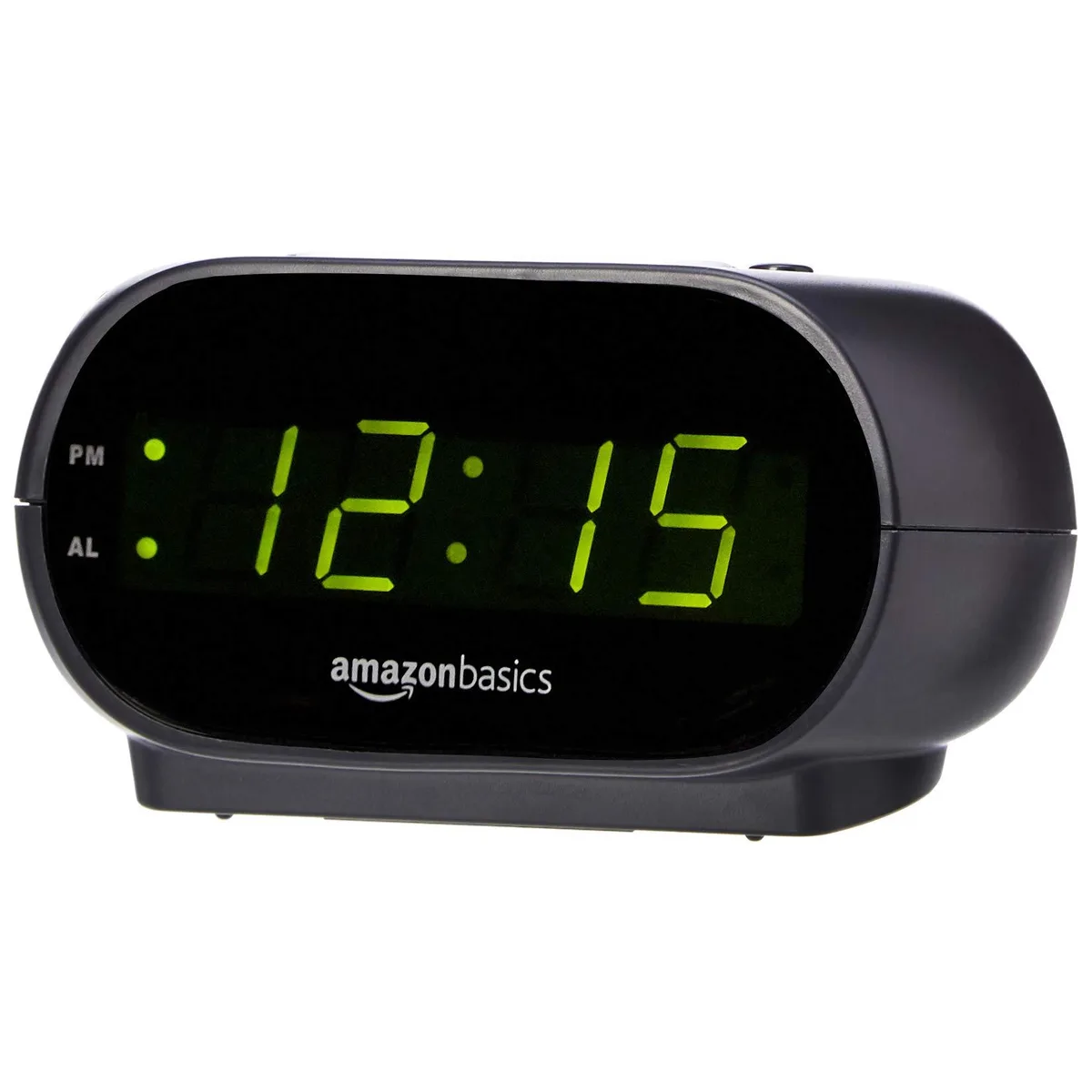 Small oval digital alarm clock in black with green LED display