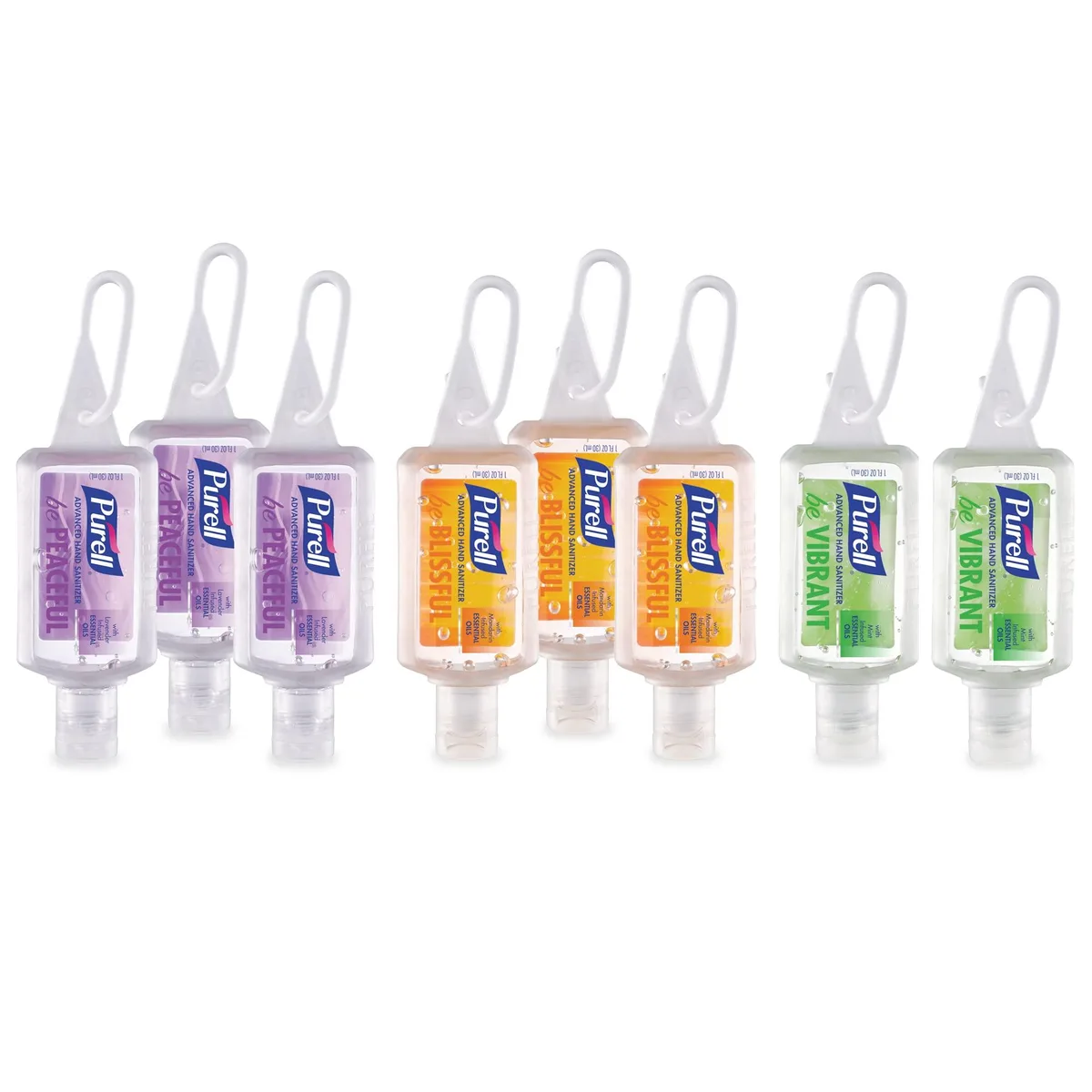 Eight small flip-cap bottles in a clear carrier with assorted scented gels