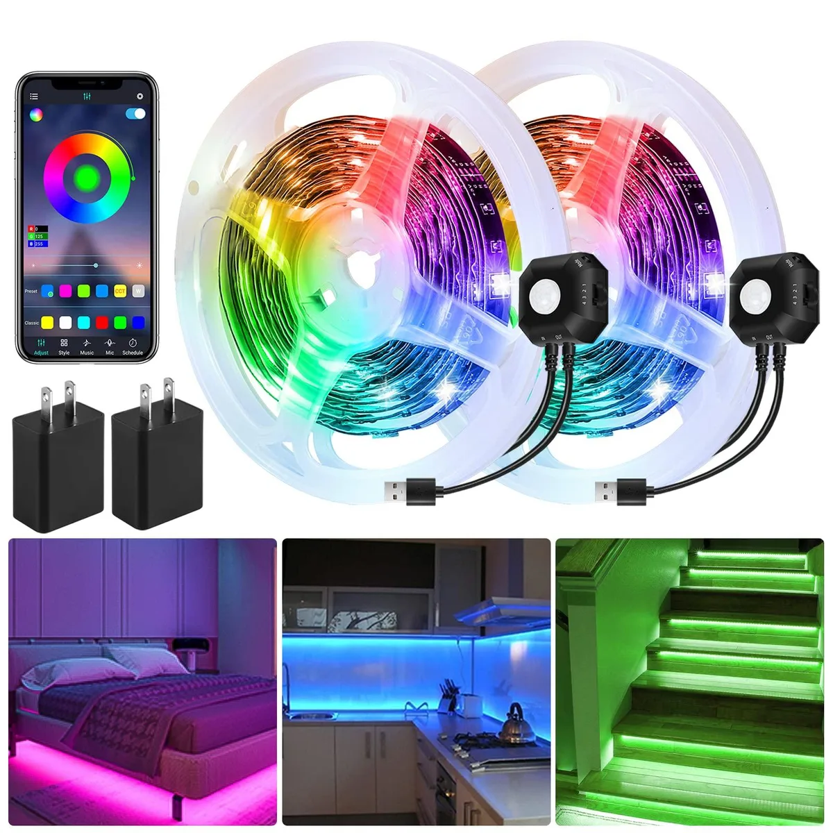 Two black 9.8 ft LED strip rolls with sensor box and USB power