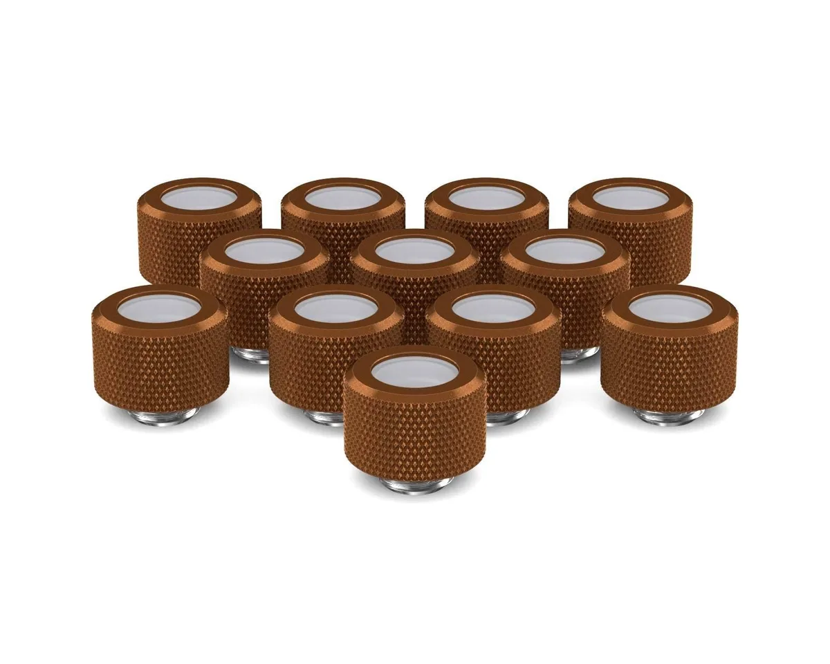 Twelve copper compression fittings with knurled caps and nickel-plated bases
