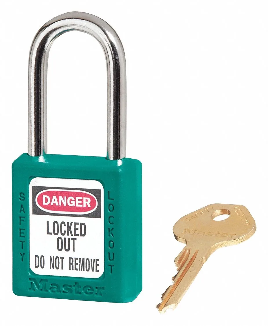 Teal thermoplastic padlock, open metal shackle, 13/16 clearance