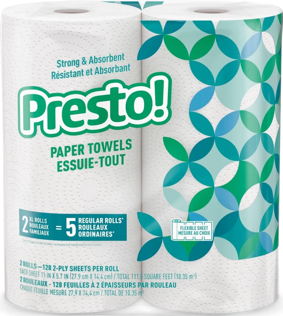 Two white paper towel rolls in clear plastic wrap