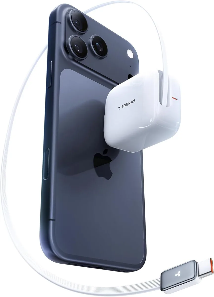 Compact white wall charger with retractable USB-C cable and foldable plug