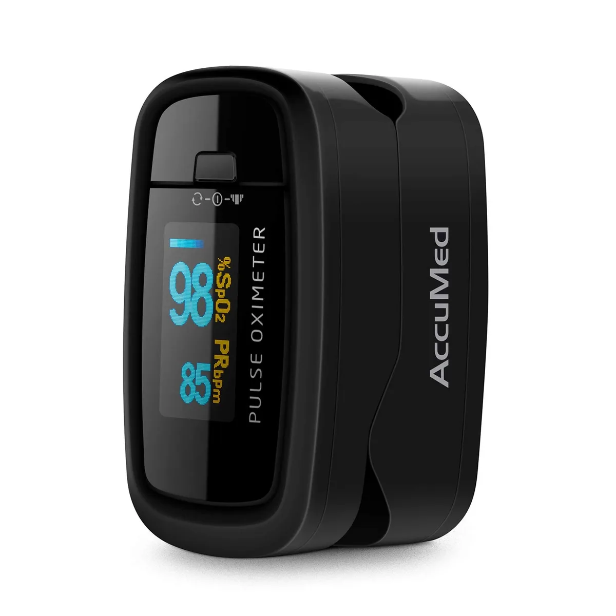 Black fingertip pulse oximeter with rotating LED display, lanyard and travel case