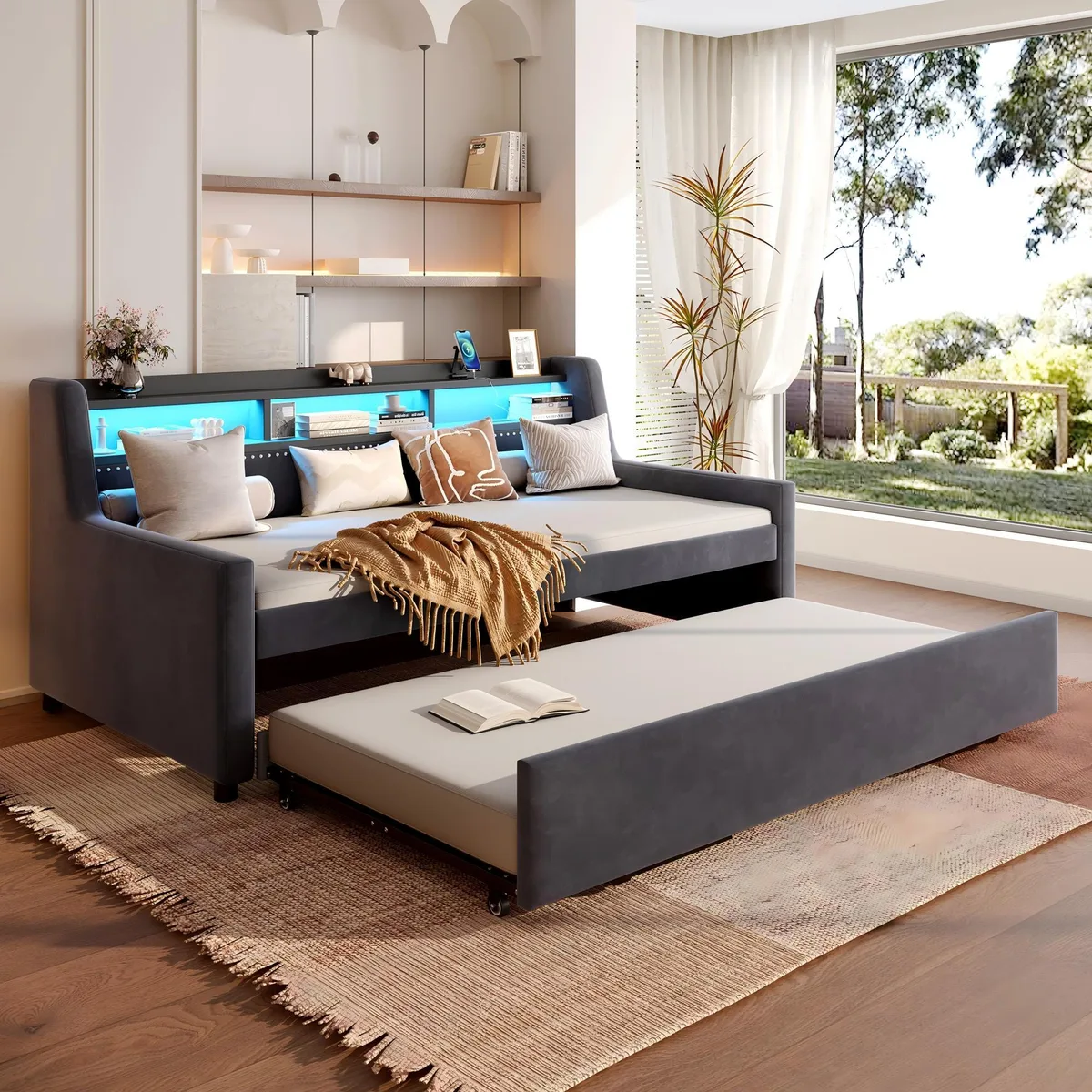 tuphen tuphen Twin Daybed with Trundle LED Charging Velvet Dark Grey — product photo