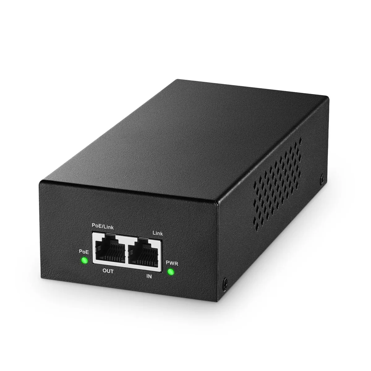 Compact black network injector with two RJ45 ports and a power socket