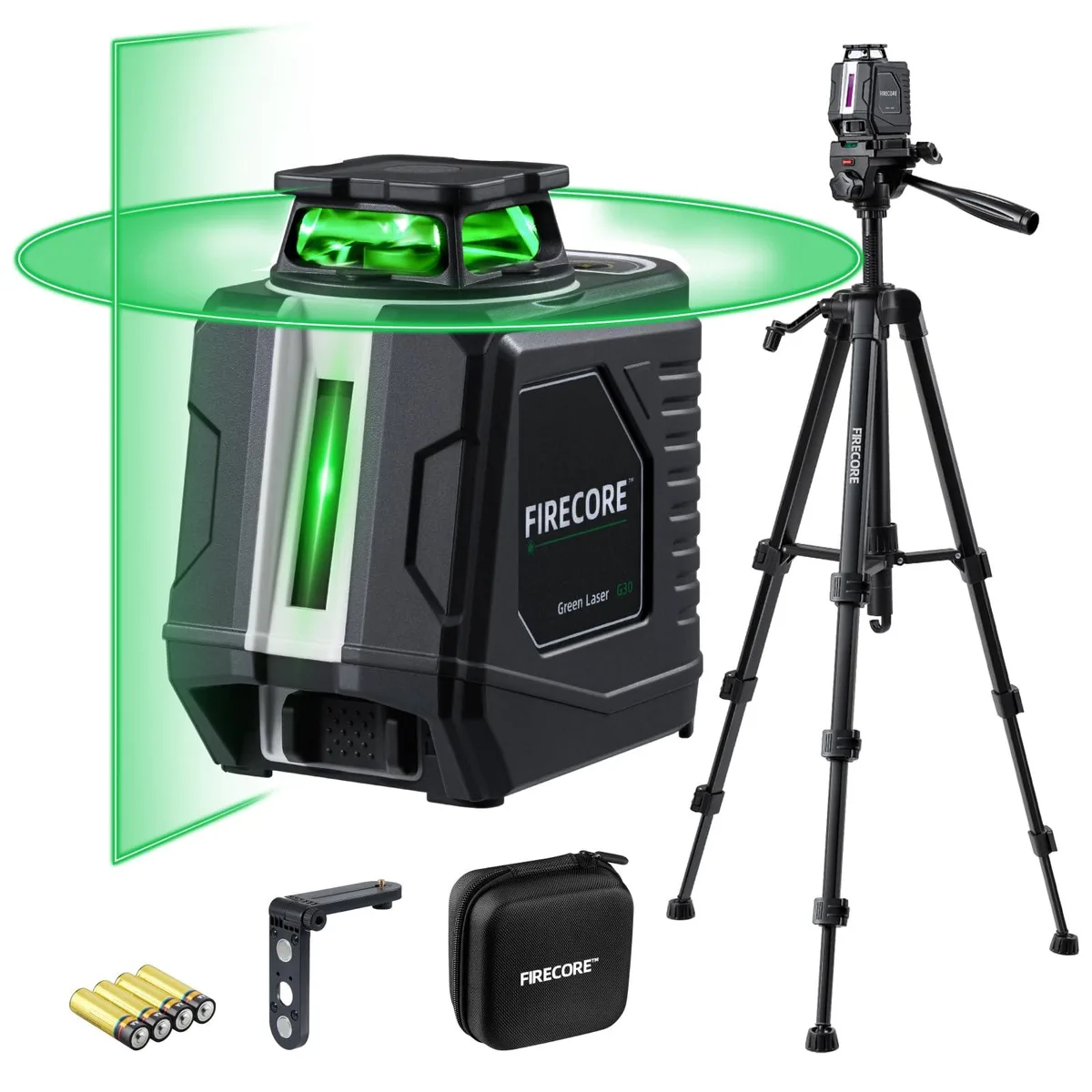 Orange laser level unit on extendable aluminium tripod, green cross lines projected, compact carry pouch included