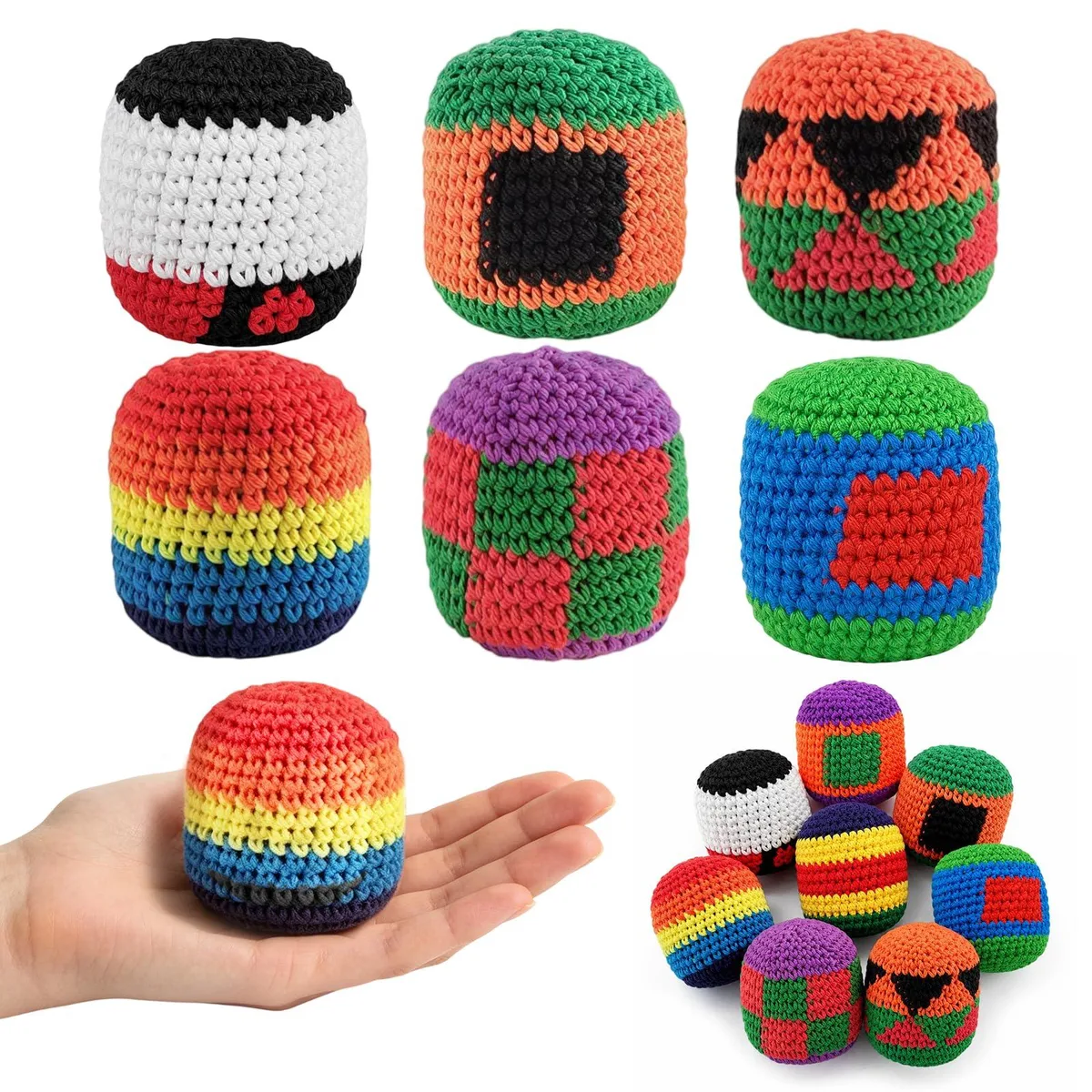 Six multicoloured crochet footbags in geometric patterns