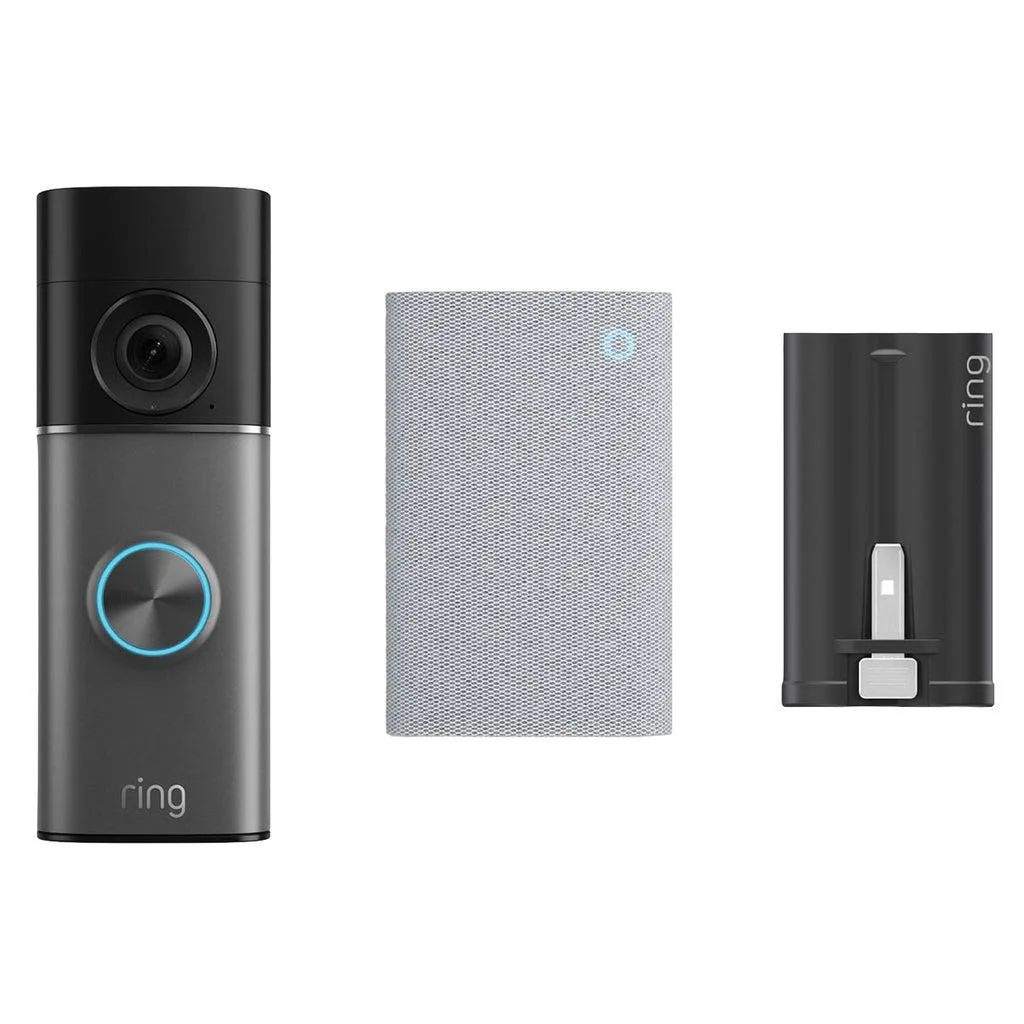 Ring Battery Doorbell Pro unit with extra battery pack and Chime Plus plug-in device