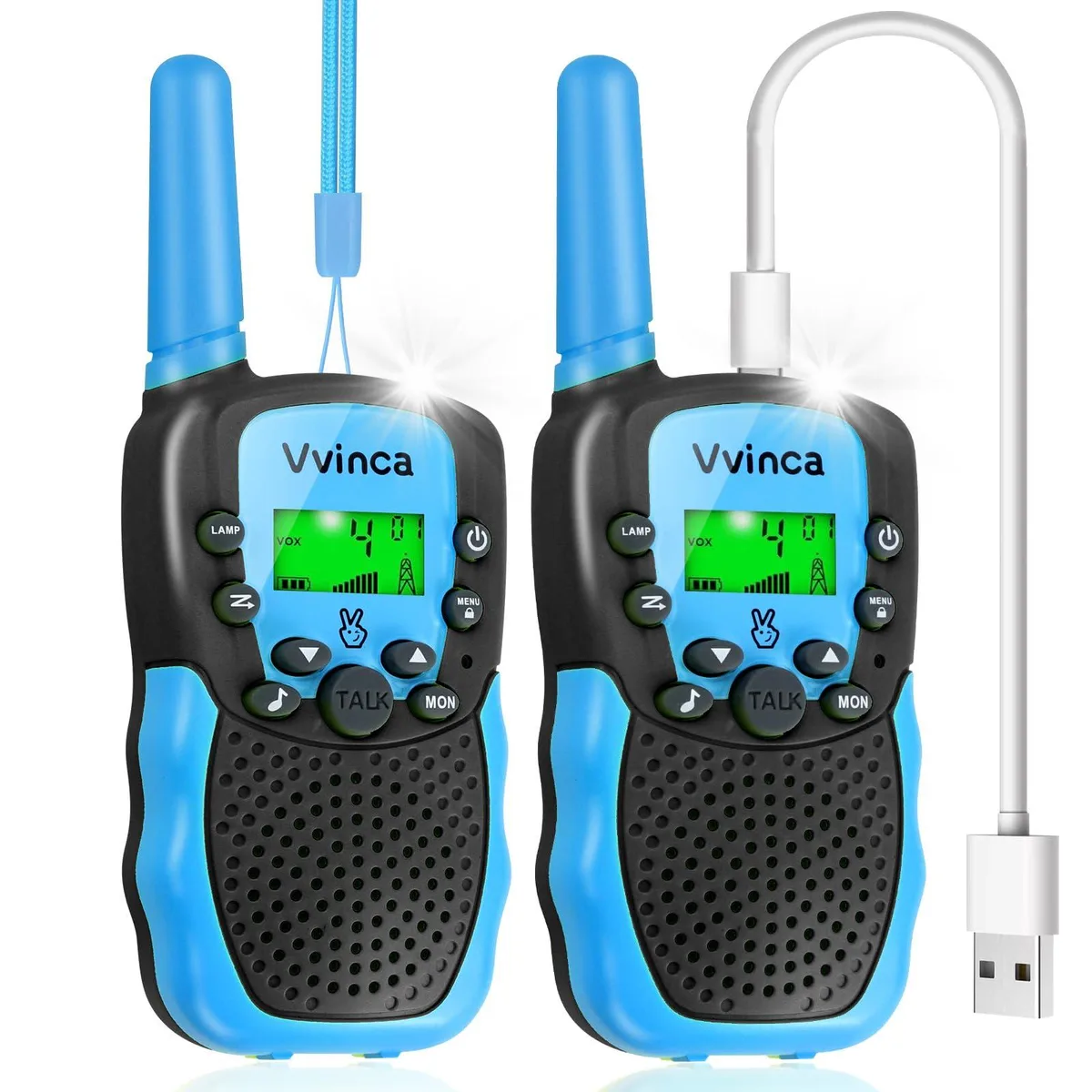 Pair of two-way radios, black and blue, with flashlight and lanyards