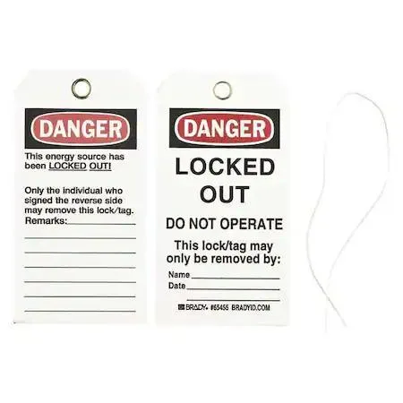 White rectangular cardstock danger tag with black red header and cotton string tie pack of 25