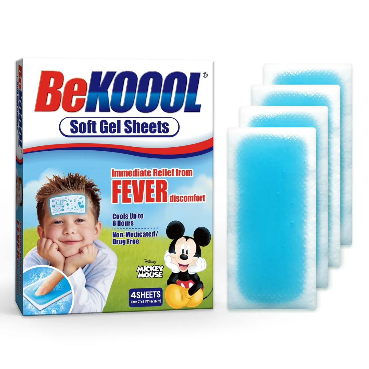 Four white rectangular gel patches in a pack