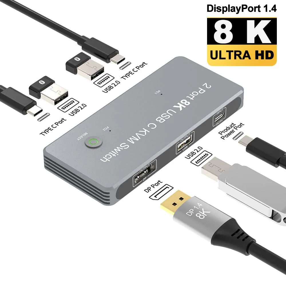ESTONE ESTONE TJ-A0126 USB-C 8K KVM Switch DP 1.4 2-Port 1 DisplayPort Output — product photo