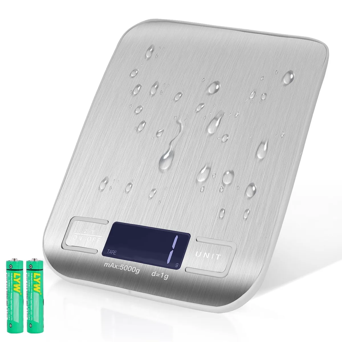 Grey rectangular digital kitchen scale with stainless steel platform and backlit LCD display