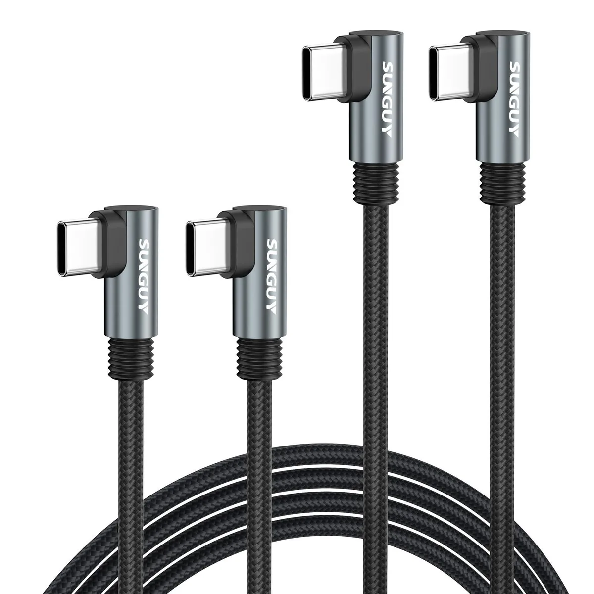 Two orange braided USB-C cables with right-angle connectors coiled together