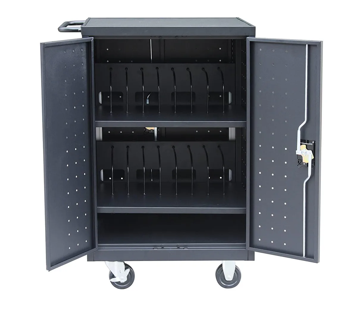 Black mobile charging cart with padded slots for 20 devices, front and back locking doors, four caster wheels and a push handle