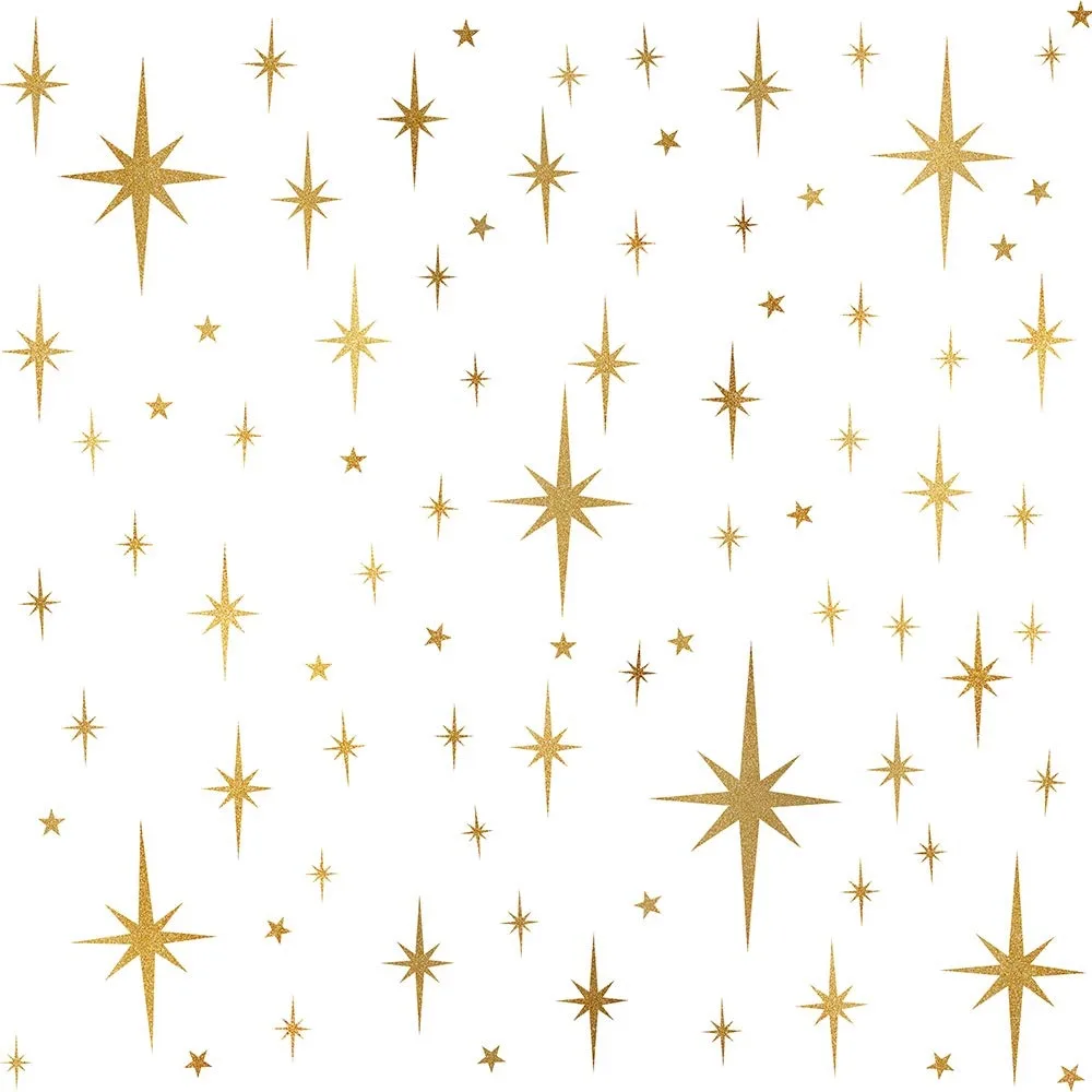 Gold vinyl star decals on three white sheets, 116 pieces in six sizes