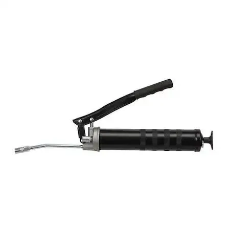 Silver lever grease gun with rigid nozzle pipe and black steel barrel