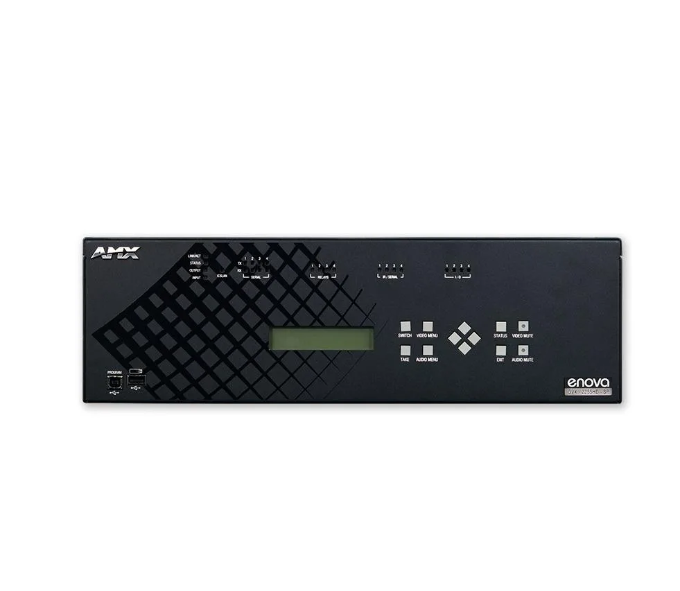 Rack-mountable AMX DVX-2255HD-T video audio switch, silver metal chassis, front panel buttons and ports