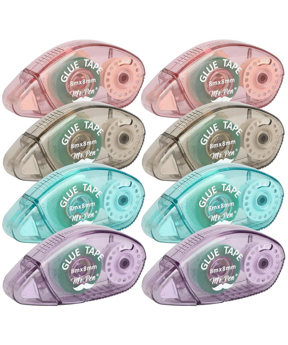 Eight multicolour plastic double-sided tape rollers in a pack