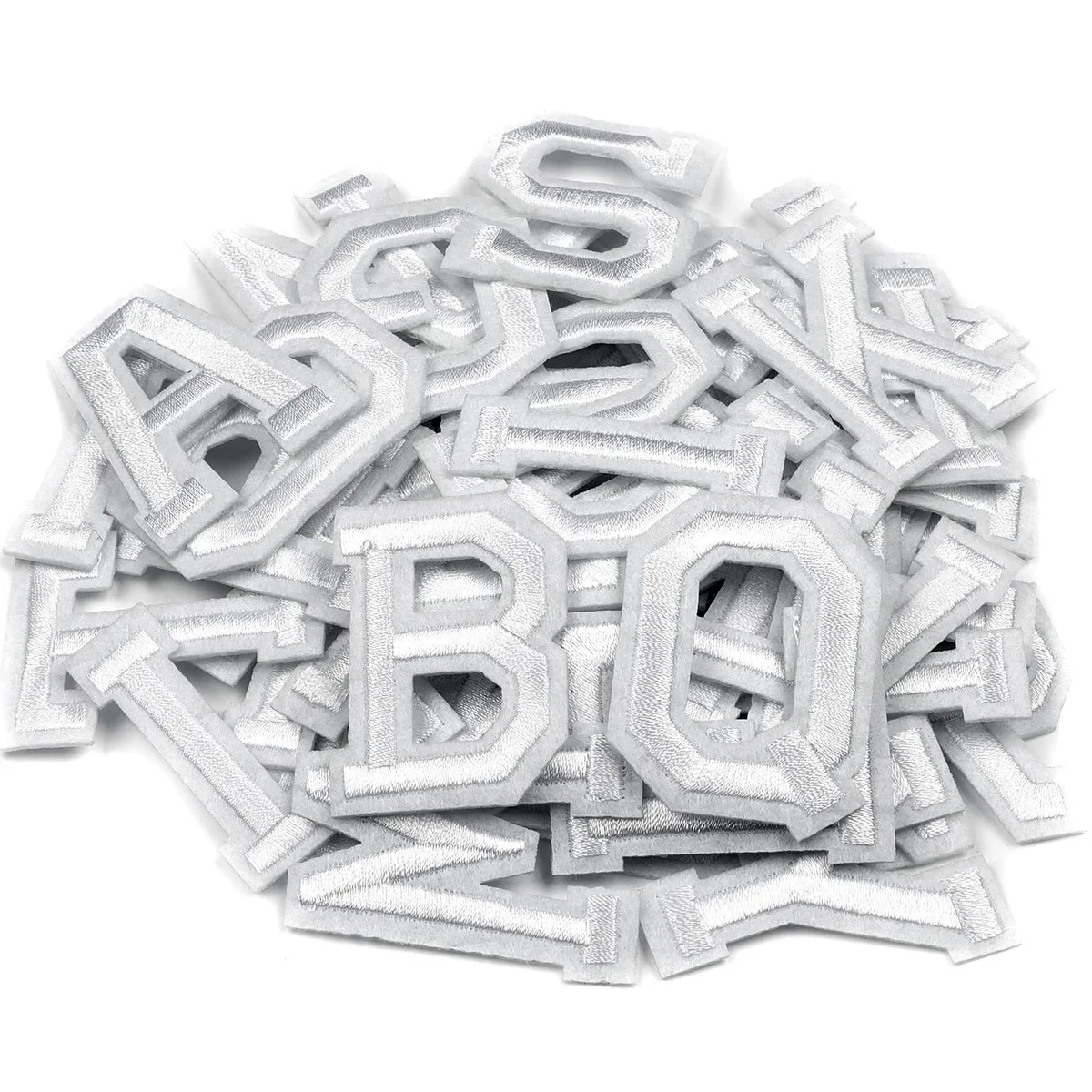 White iron-on letter patches, 52 pieces in a box