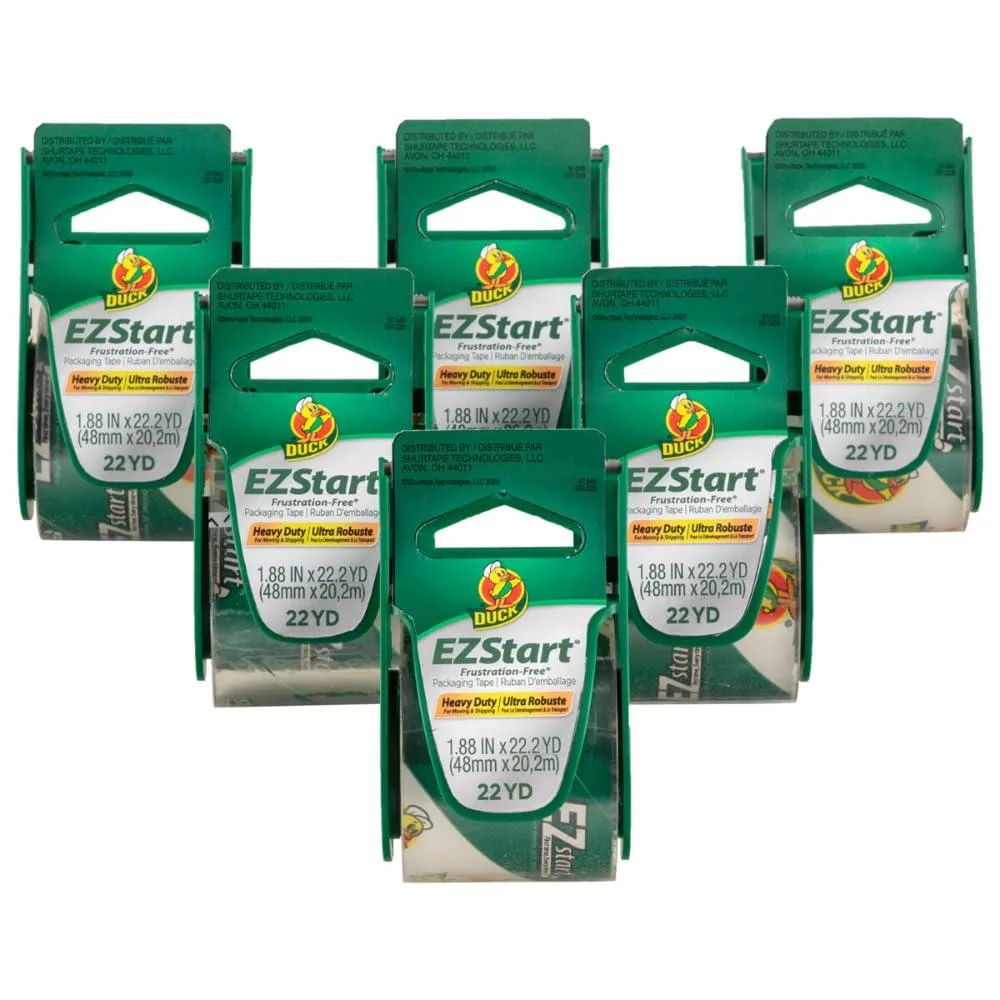 Six rolls of clear packing tape in dispensers, multi-colour packaging